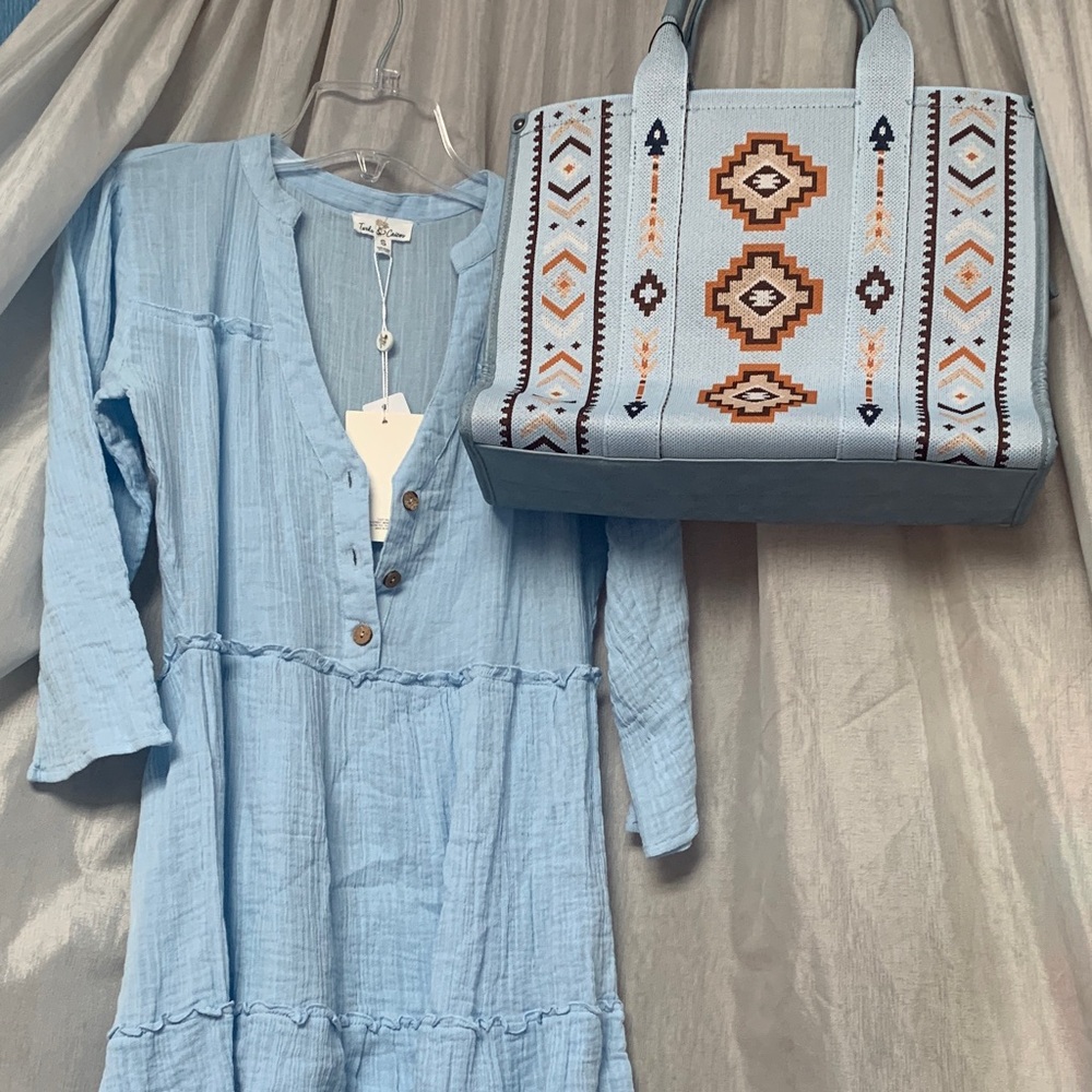 Montana West Light Blue Aztec-Patterned Shoulder Tote with Brown Accents